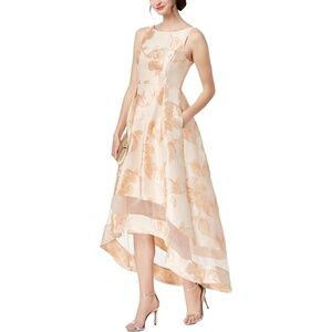 ADRIANNA PAPELL Peach Gold Metallic Jacquard Brocade High Low Gown W/Pockets us8